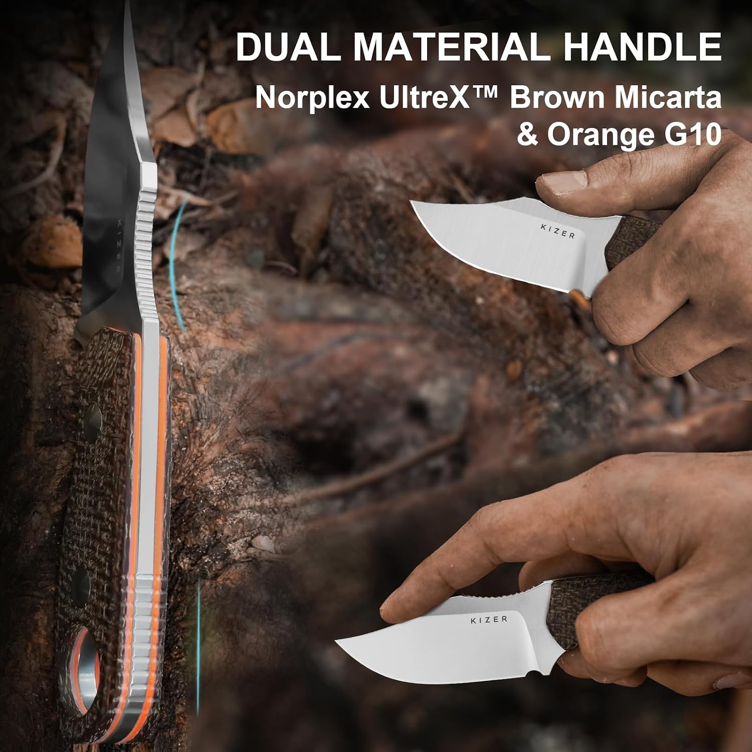 Kizer Beaver 2 Fixed Blade Knife, 2.75" AEB-L Clip Point Blade EDC Hunting Knife with Norplex UltreX™ Brown Micarta & Orange G10 Handle, Outdoor Camping Survival Knives with Kydex Sheath, 1078A4