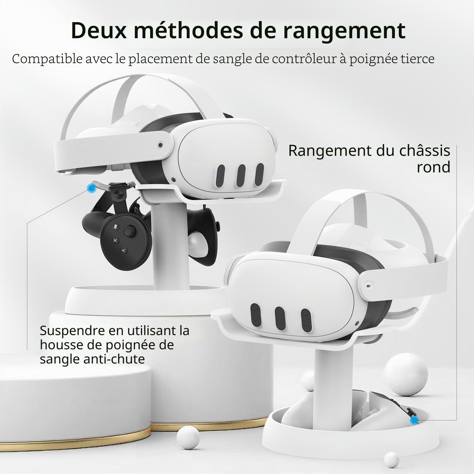 AMVR VR Stand Compatible avec Meta Quest 3s/Quest 3/Quest 2/Vision Pro/Pico 4 - Universal VR Headset Display Dock, Support Stable, Base Ronde, Montage Facile (Blanc)