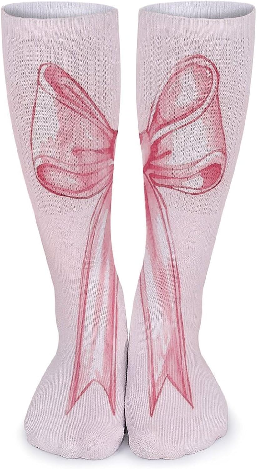 Cute Pink Bow Crew Socks Casual Breathable Calf Socks | Cushion Running Athletic Socks Long Performance Breathable Sports Socks for Women Men