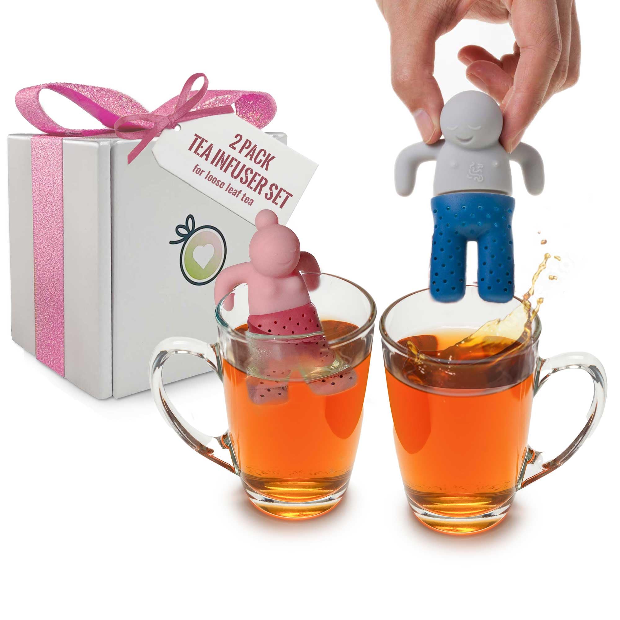 Cute Tea Infuser Set for Loose-Leaf Tea - Funny Silicone Tea Strainer Couple in Pink and Blue/Grey, Small Gift for Tea Lovers and Couples, Tea Steeper Set of 2