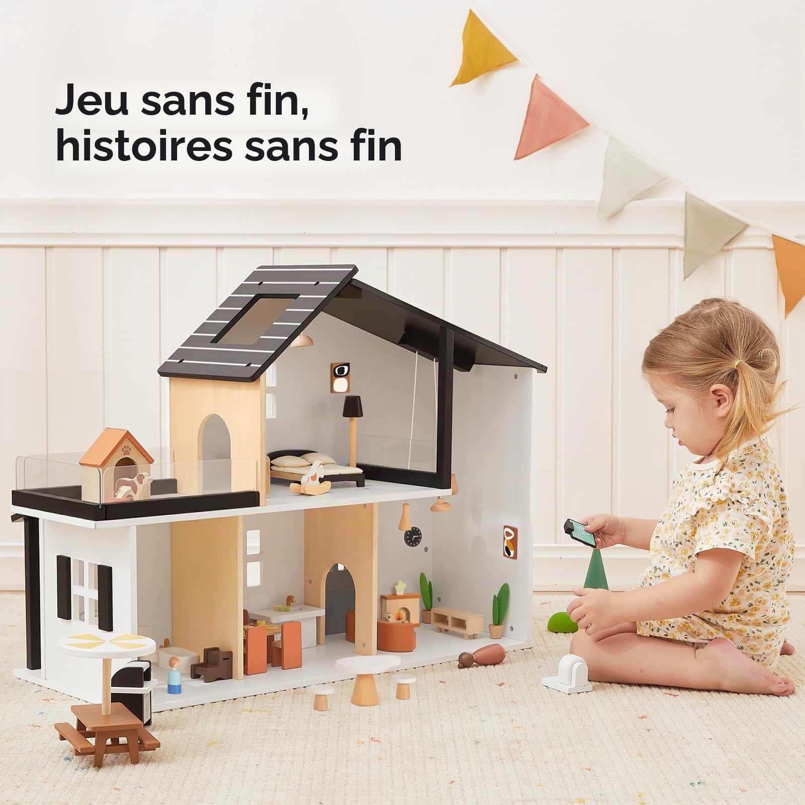 OOOK Maison de poupée en bois, Dollhouse avec 66 meubles et accessoires, Maison de poupée à partir de 3 ans pour filles et garçons, jouets cadeaux pour enfants incluant poupées et ensembles d'animaux