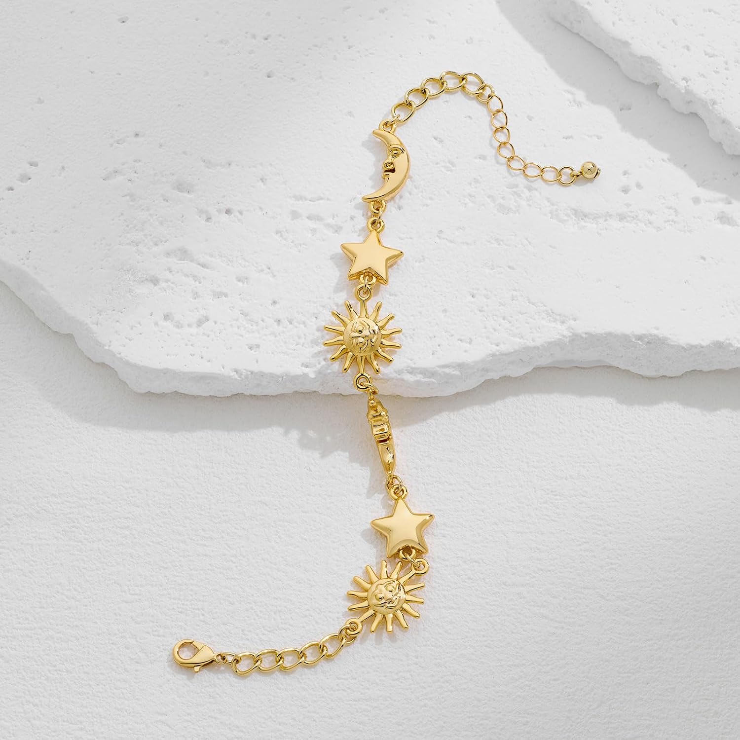 Gold Charm Bracelet for Women, Sun Moon Star Celestial Jewelry, Dainty Astronomical Zodiac Bracelet, Gift for Her