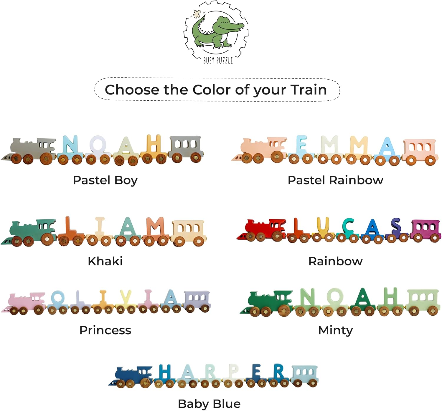 BUSY PUZZLE Colored Wooden Train with Name, Personalized Train, Name with Magnets, Alphabet Letter, Wooden Toys for Kids, Sensory Toys, 1st Birthday Gift
