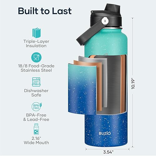 Miniatura 4 de BUZIO Botella de agua aislada con pajilla, botella de agua deportiva de acero inoxidable de 40 onzas de boca ancha, tapa flexible sin BPA y tapa con