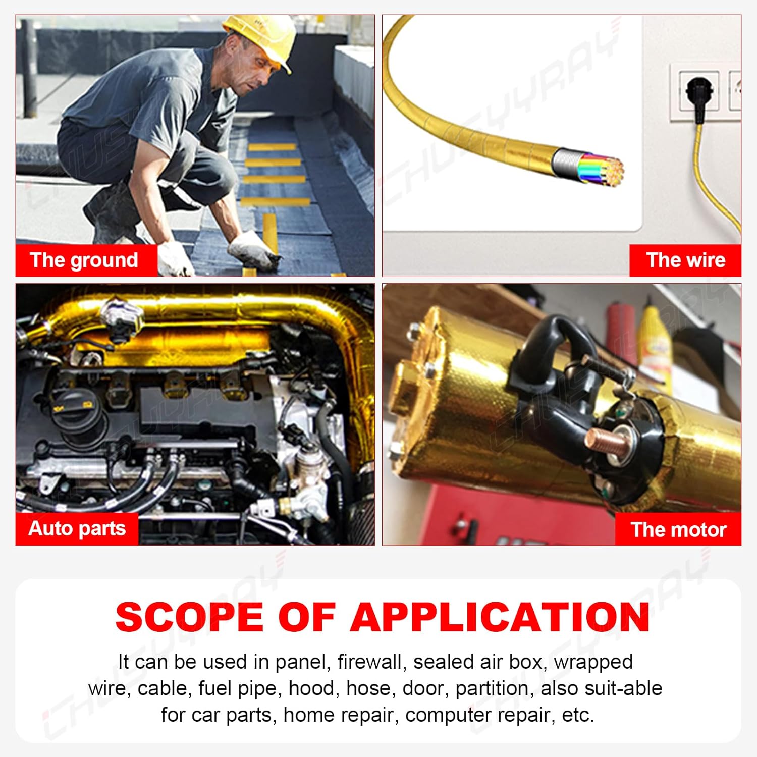 CHUSYYRAY 2"x15"(5M) Gold Exhaust Thermal Wrap Manifold Header Isolation Heat Tape, High-Temperature Adhesive Backed Heat Barrier Tape, Compatible with Intake Pipe, Engine, Turbo, Radiator, etc.