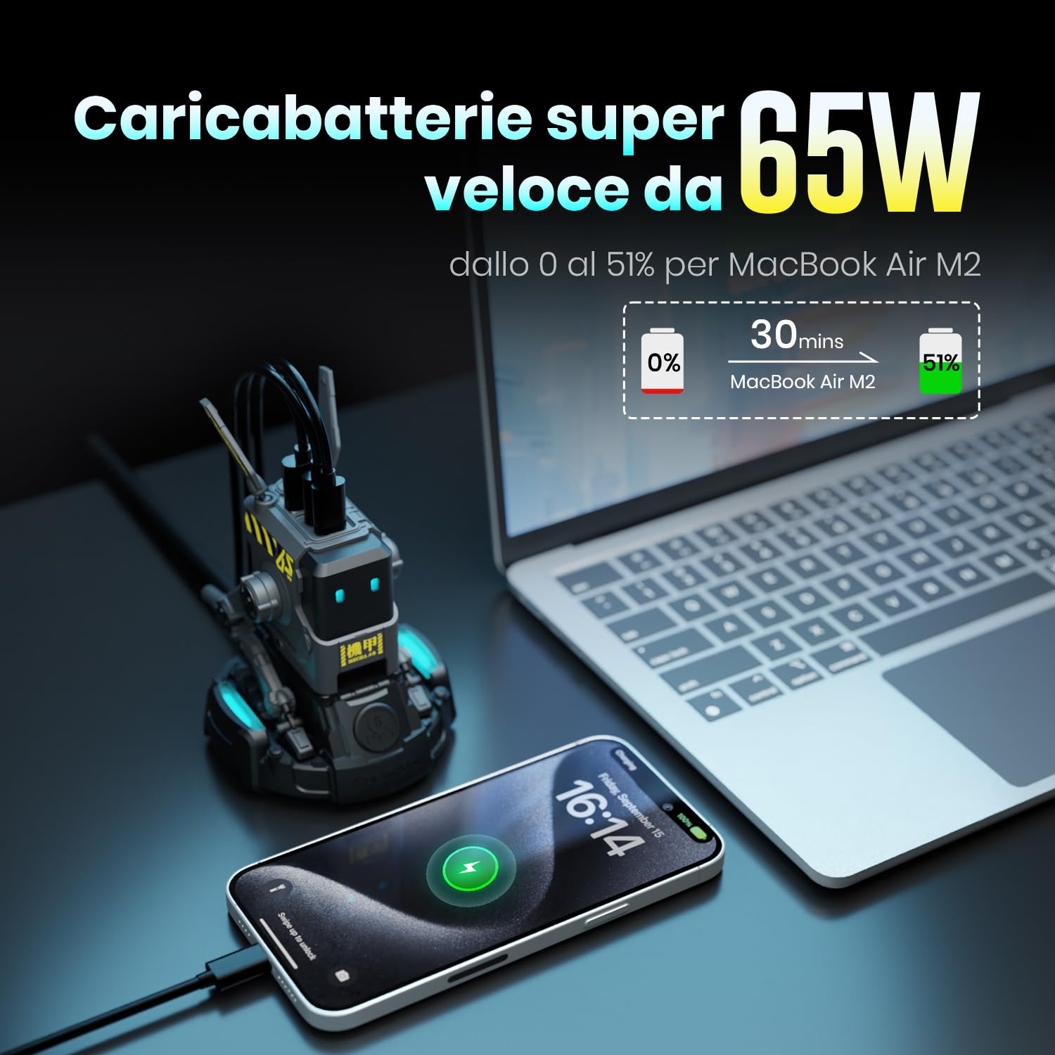 GravaStar Caricabatterie rapido GaN Alpha da 65W, caricabatterie rapido a 3 porte con presa multipla da viaggio, caricabatterie universale per UK/EU/USA, per iPhone, MacBook, iPad (Nero)