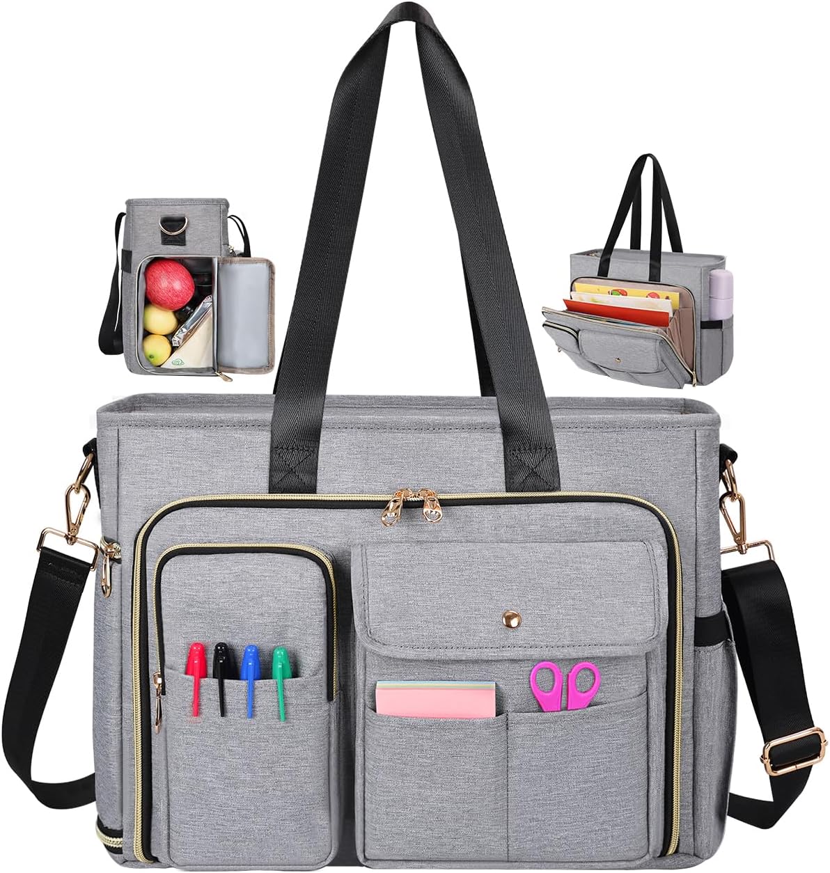 ESTARER Teacher Tote Bag Women 15.6 inch Laptop Bag for Work with Accordion File Organizer & Insulated Pocket, Professional Computer Messenger Shoulder Bag Briefcase for Office/College/Nursing (Grey)