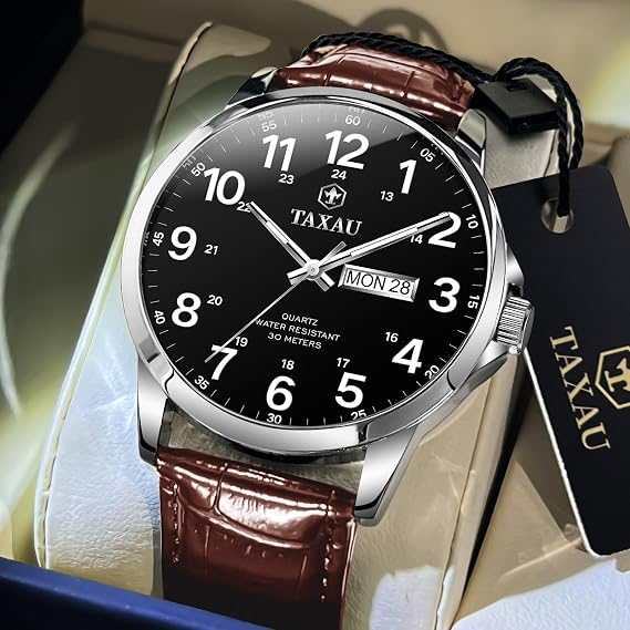 Taxau Uhren Herren Klassischus Lederarmband Wasserdicht Großes Zifferblatt
