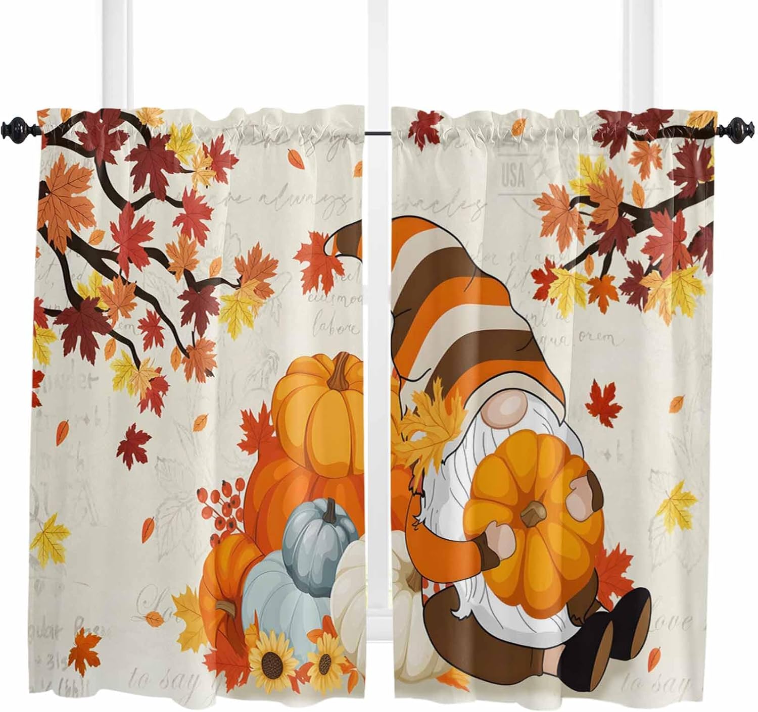 Orange Pumpkin Fall Kitchen Curtains, Gnomes Thanksgiving Maple Leaves Branches Light Filtering Window Curtain, 2Pcs Rod Pocket Window Treatments Set for Study Room Bathroom Bedroom 52x54 Inches
