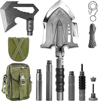 Zune Lotoo Tactical Shovel Axe Survival Multitool, 29 in 1 Unbreakable Compact Camping Shovel Folding Tool Martensitic Steel for Emergency Car Offroad Hiking Camp Gear Adjustable 7 Angles