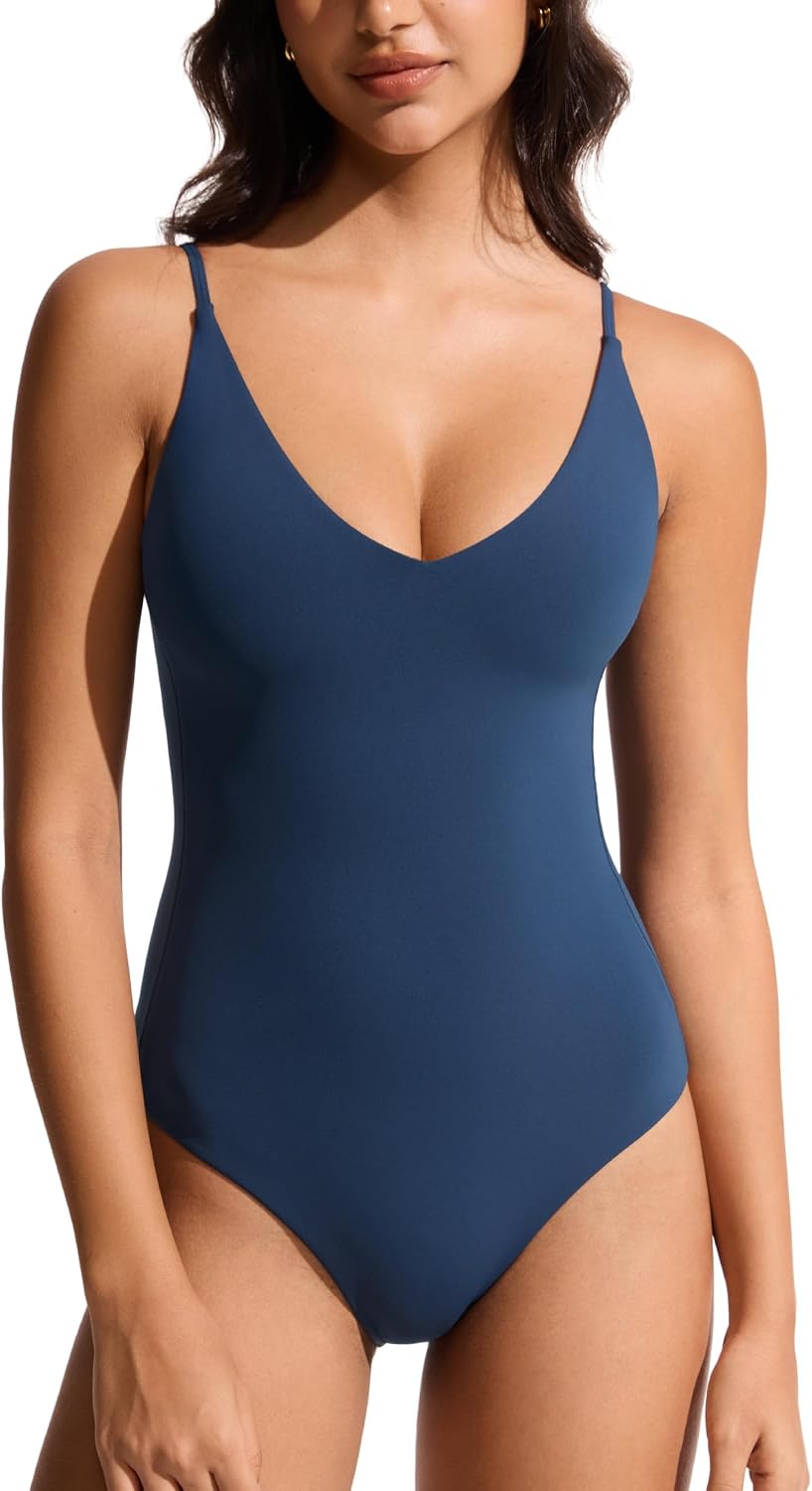 CRZ YOGA Nexfeel Double Lined V Neck One Piece Swimsuit for Women - Tummy Control Slimming Modest Bathing Suit Non Padded
