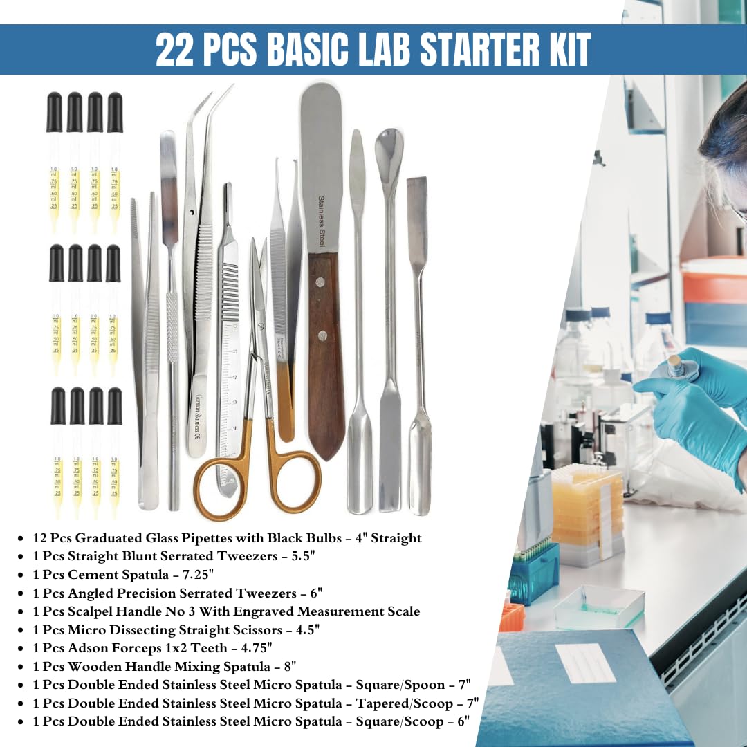 22Pcs Laboratory Sampling Stainless Steel Lab Spatulas Micro Scoop Spoon Kit with Forceps, Dissecting Scissors, Scalpel Handle, Glass Droppers Multipurpose Science Experiment Supplies for Schools