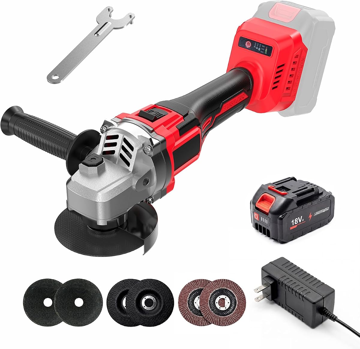 Amoladora angular inalámbrica de 4-1/2 pulgadas | Amoladoras angulares sin escobillas de 18 V con batería y cargador de 4,0 Ah, 9300 rpm, 3 velocidades para cortar, amolar y pulir metales