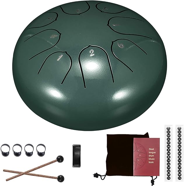 DeeCozy Slit Drums, Steel Tongue Drum, 6 inches 8 Tone D Key, Handpan Drum with Drumsticks, Bag, Finger Cover, Percussion Instrument for Musical Education Concert Mind Healing Yoga Meditation, Green