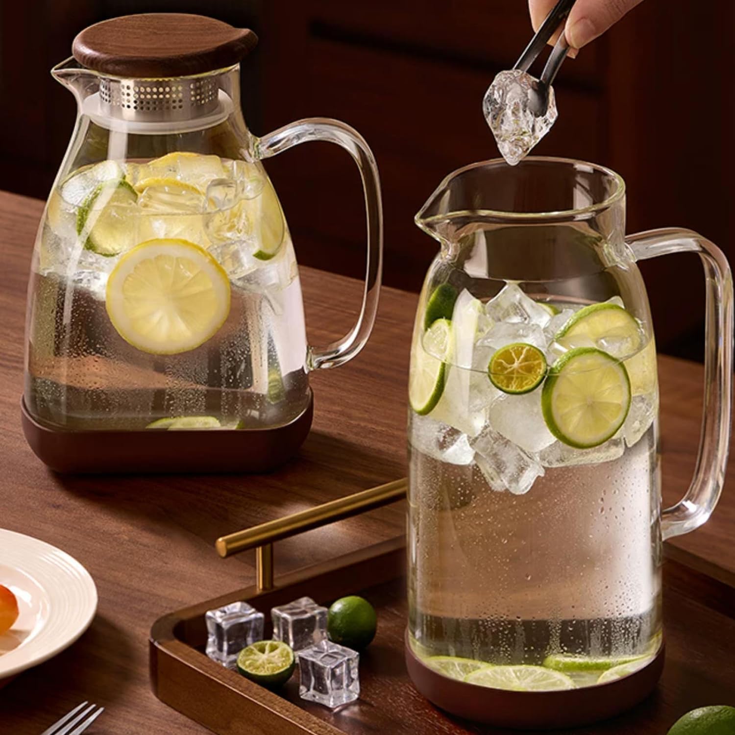 Jarra Agua Cristal con Tapa Jarra Agua Nevera para Té Helado Leche Jugo Bebida Fría y Caliente Resistente al Calor Tapa de Tetera de Madera