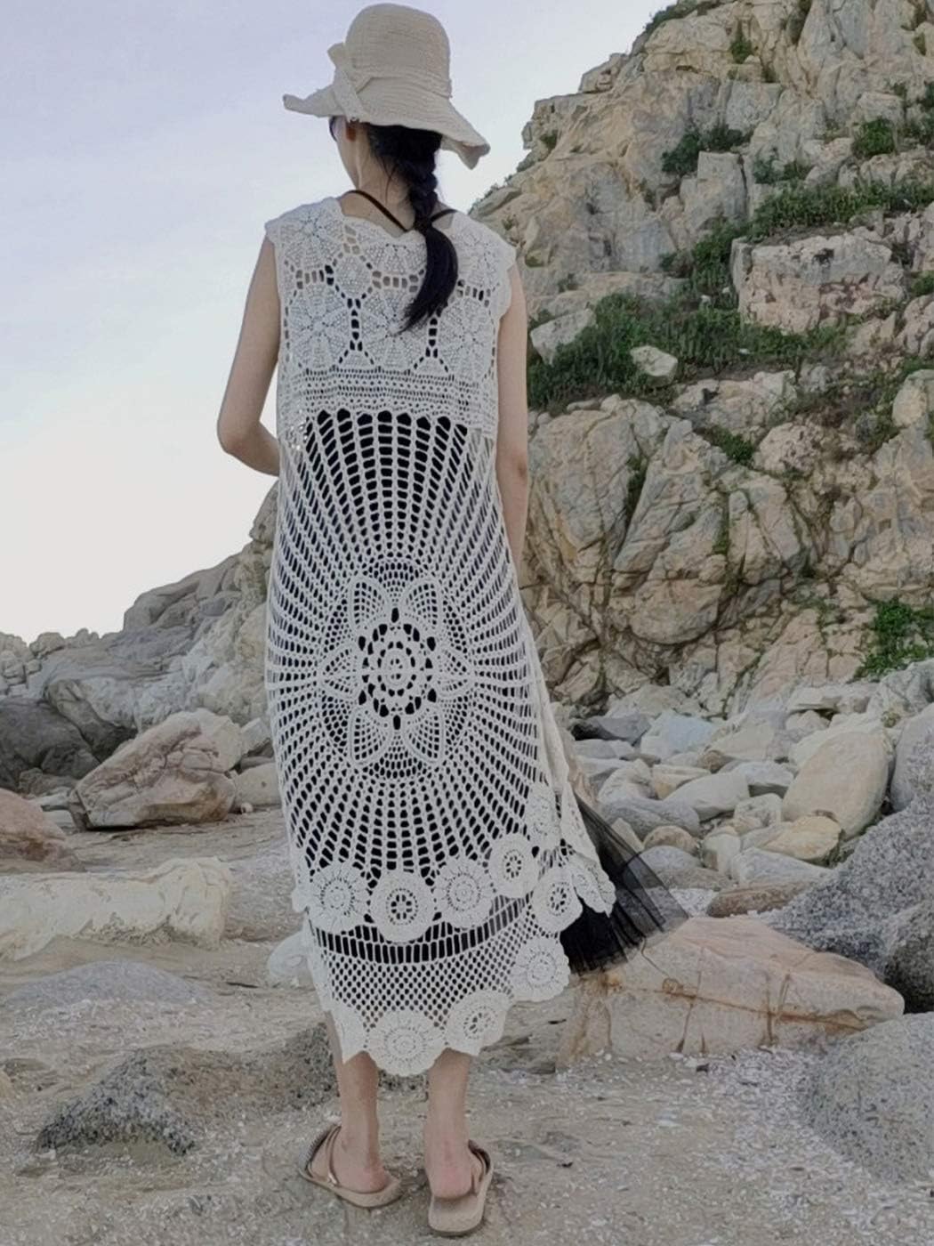 Anna-Kaci Women's Crochet Long Vest Boho Sleeveless Kimono Dress Swimwear Cover up