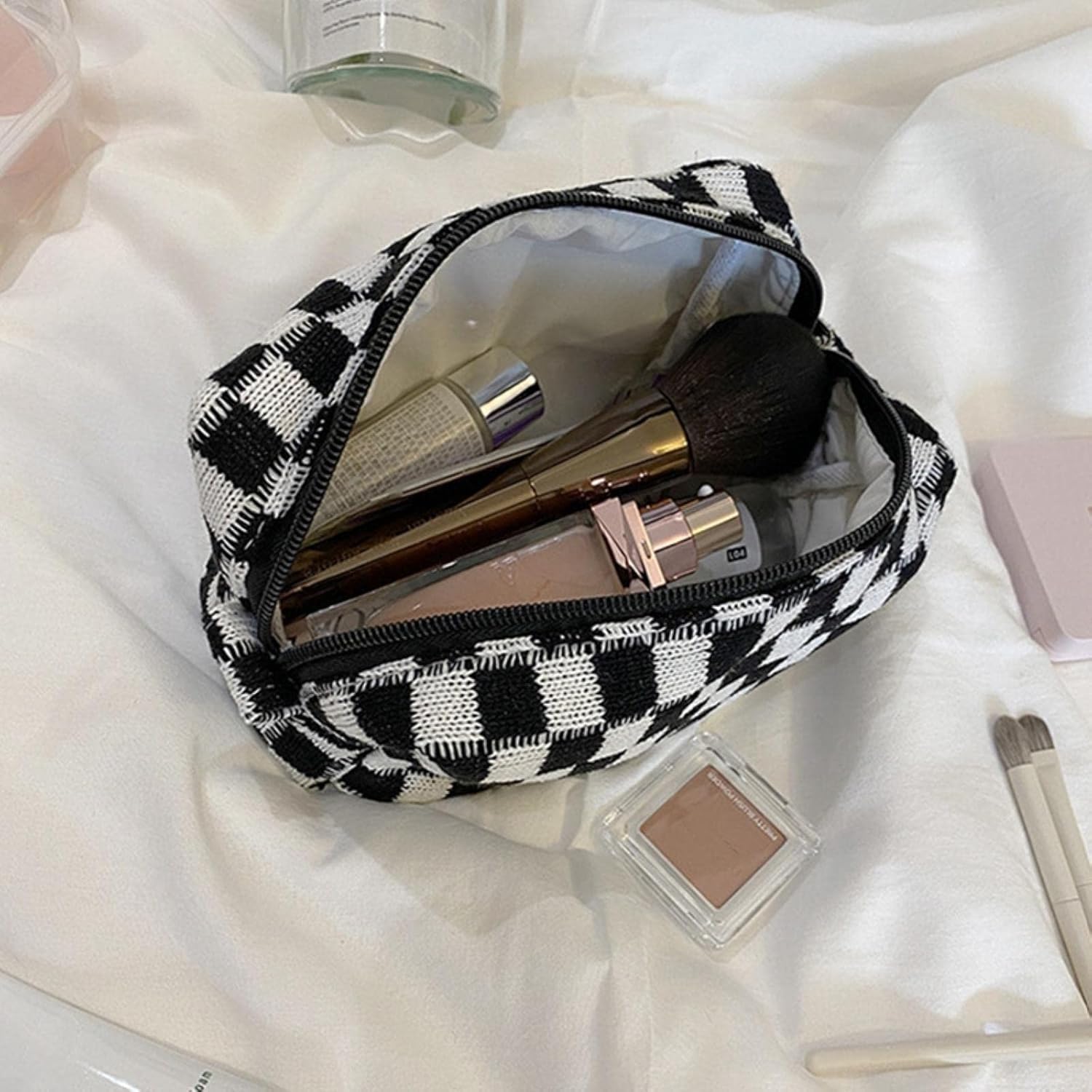 Astuccio per matite, grande capacità, a scacchiera, trousse per cosmetici, organizer per cancelleria, design lavorato a maglia, per scuola, ufficio e viaggi