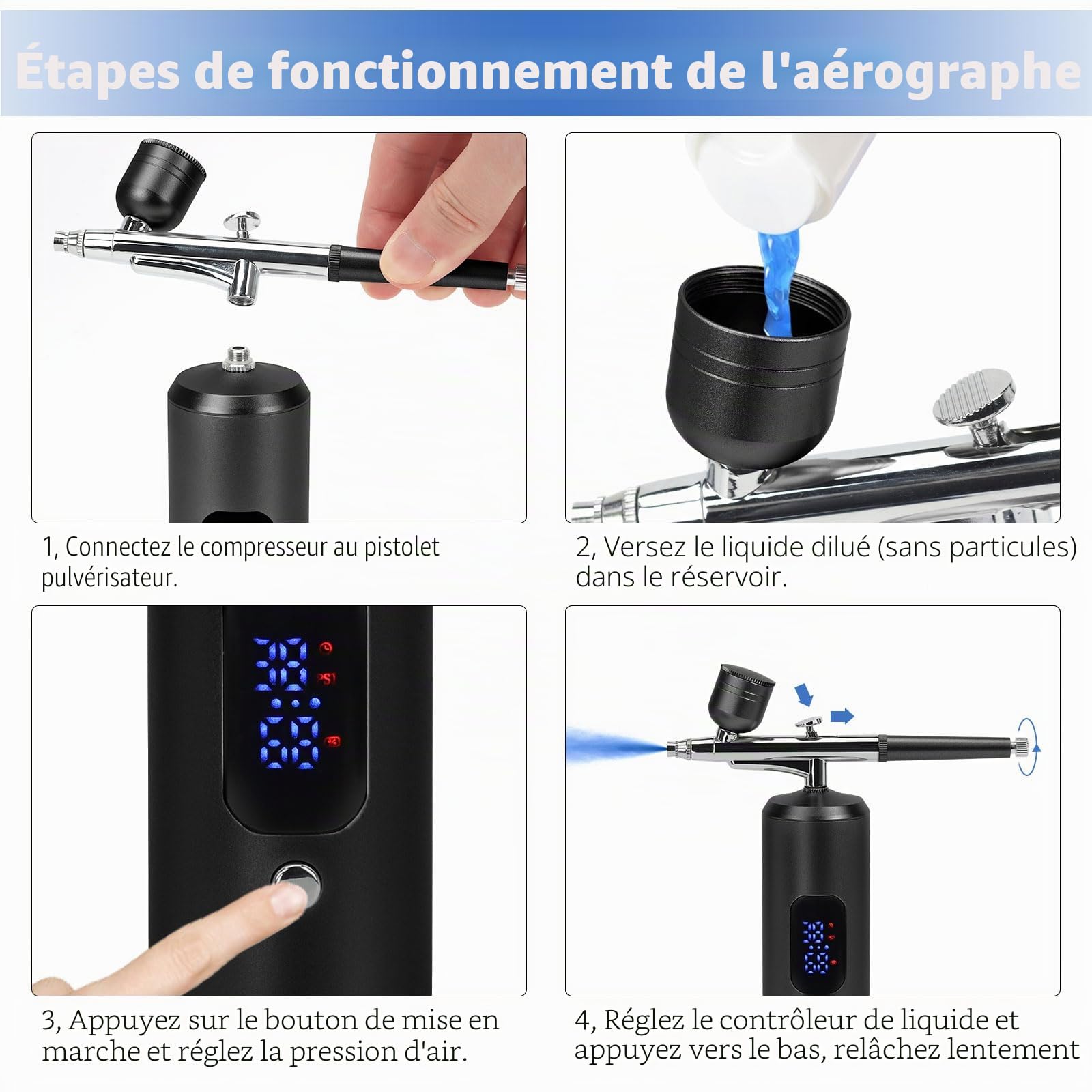 Kit aérographe multifonction double action - Kit aérographe sans fil - Pour le maquillage, l'artisanat, l'art des ongles, le modèle de tatouage de gâteau, le kit d'aérographe pour enfants