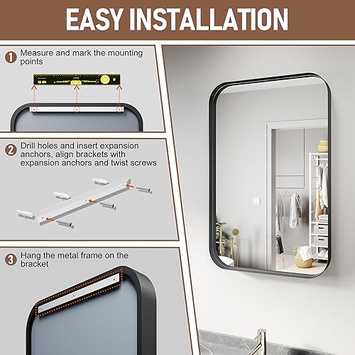 Miniatura 5 de Espejo de baño de 24 x 36 pulgadas para pared, espejo de pared enmarcado de aleación de aluminio negro, espejo rectangular redondeado de tocador de