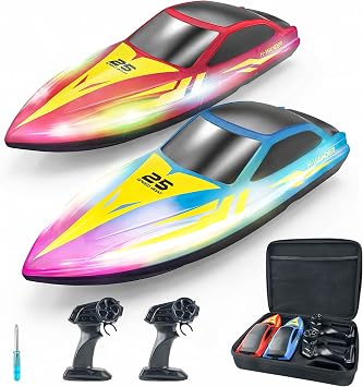 BEZGAR Remote Control Boat - 2 Packs 10 inch RC Boat with 7 LED Lighting Effects & 120 Min Playtime, 15 KPH RC Boats for Pool, Lake Fun for Kids Adults Red&Blue HJ825B