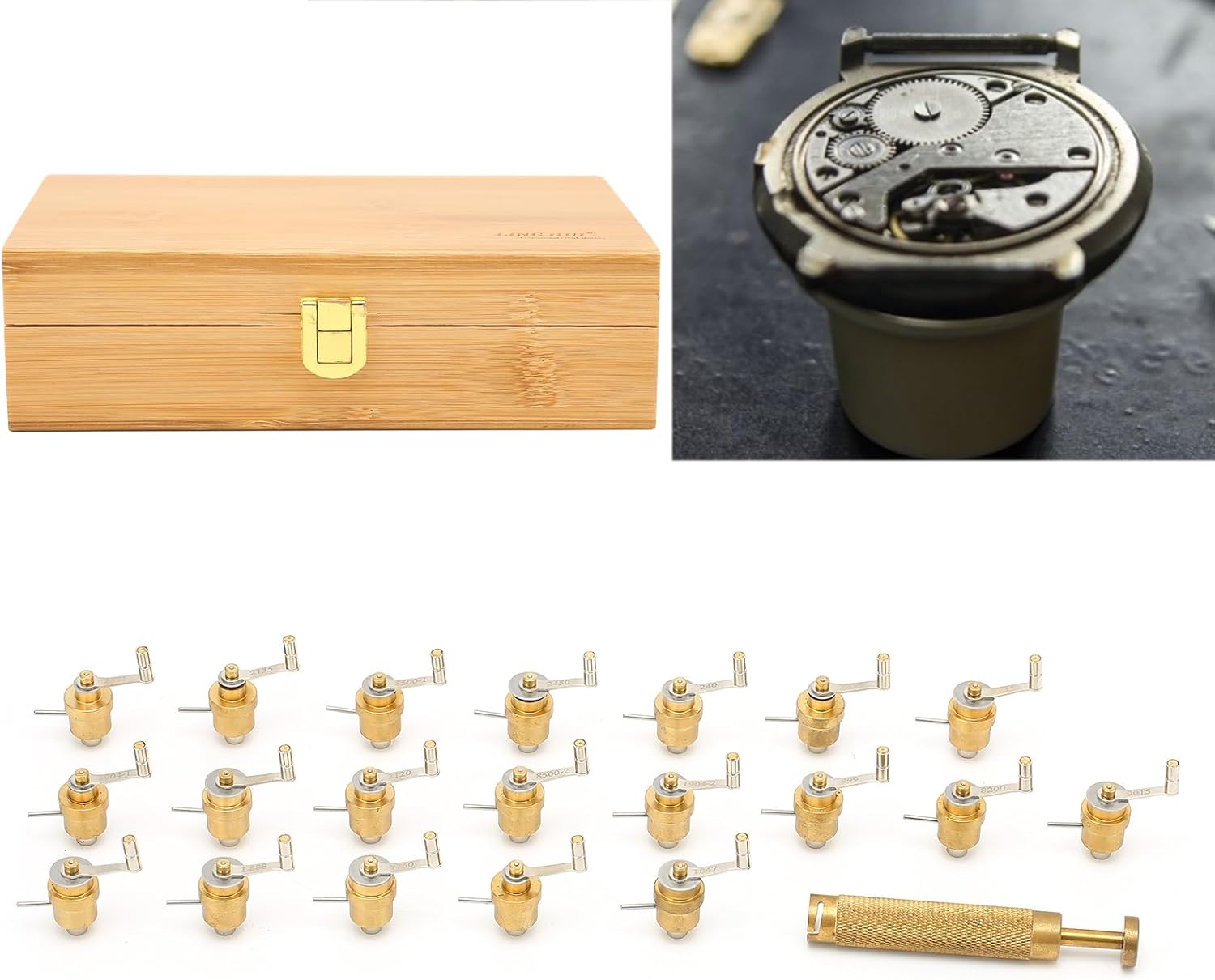 Watch Winder Set, Professional Watch Winding Accessory with 20 and Handle, Copper Watch Repair Tool in Wooden Storage Box for Watchmakers