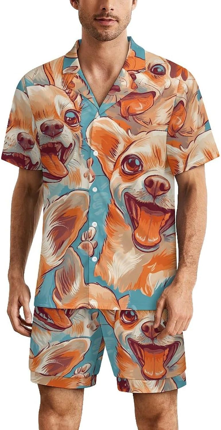 Happy Chihuahua Dogs Men's Short Sleeve Pajama Set Satin Silk Like Lounge Sleepwear