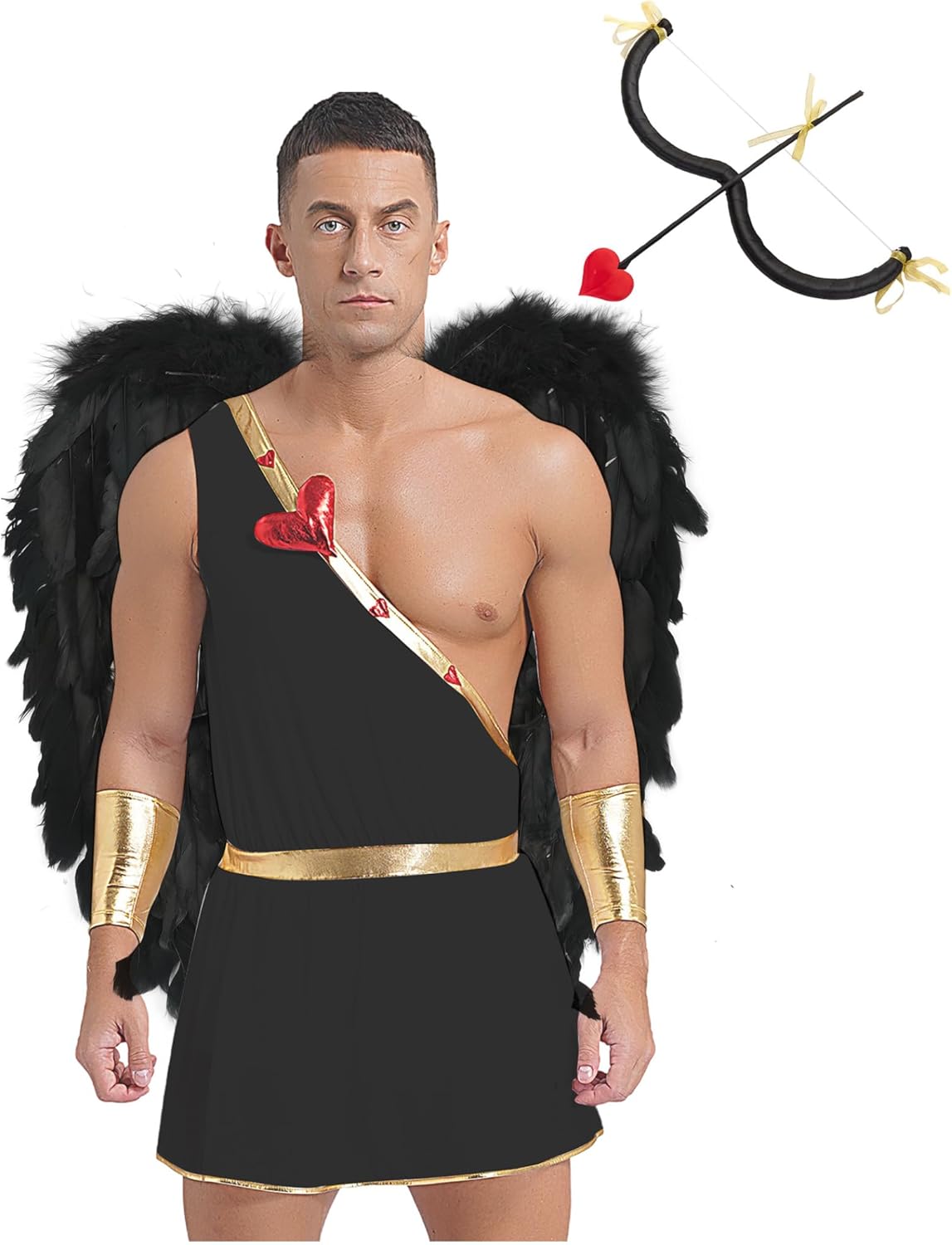 Mens Cupid Cosplay Costume One Shoulder Romper with Feather Wings Heart-shaped Cupid Bow Arrow