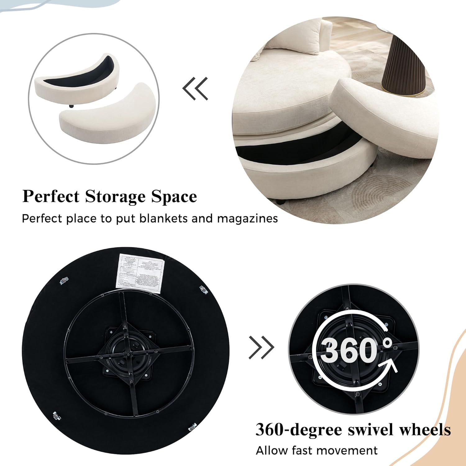 Accent 360° Swivel Barrel Chair with Storage Ottoman & 4 Pillows,Modern Oversize Round Swivel Leisure Arm Chair for Living Room Hotel Club Lounge Chair,Chenille Cream