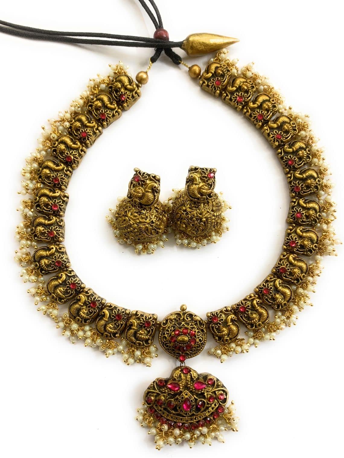 Handmade Terracotta Chain for Women Peacock neck set with ruby stone & pearl (SN-31)