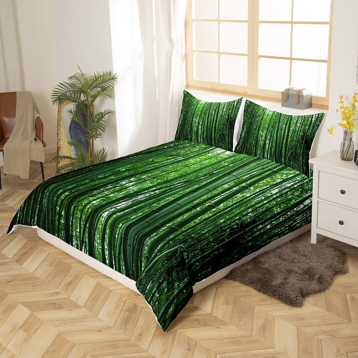 Komplet pościeli 220 x 240 cm, zielony bambus, miękka pościel z mikrofibry, poszewka na kołdrę z nadrukiem 3D, krajobraz wiosenny, 3-częściowy, poszwa na kołdrę z zamkiem błyskawicznym i 2 poszewki na