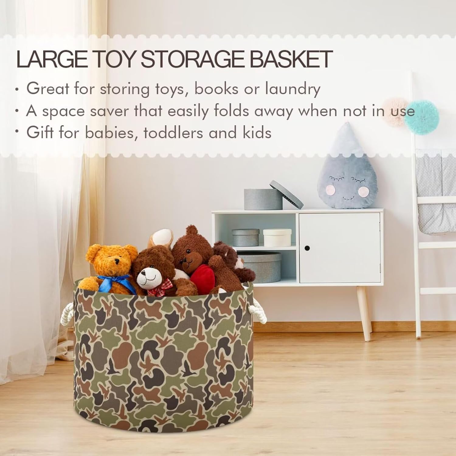 Camo Print Round Storage Basket Duck Hunter Camouflage Large Laundry Hamper 20 x 20 x 14 Inches Organizer Bin with Cotton Rope Handles Clothes Storage Bag for Nursery Bedroom Living Room Decor