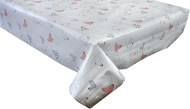 linen702 Vinyl Pvc Tablecloth 2 metres (200 x 137 cm) Chickens and hens in red and beige on grey dot check design. Fit up to 6 Seater Size Rectangle table, Wipe Clean, Plastic Table Cloth (208)
