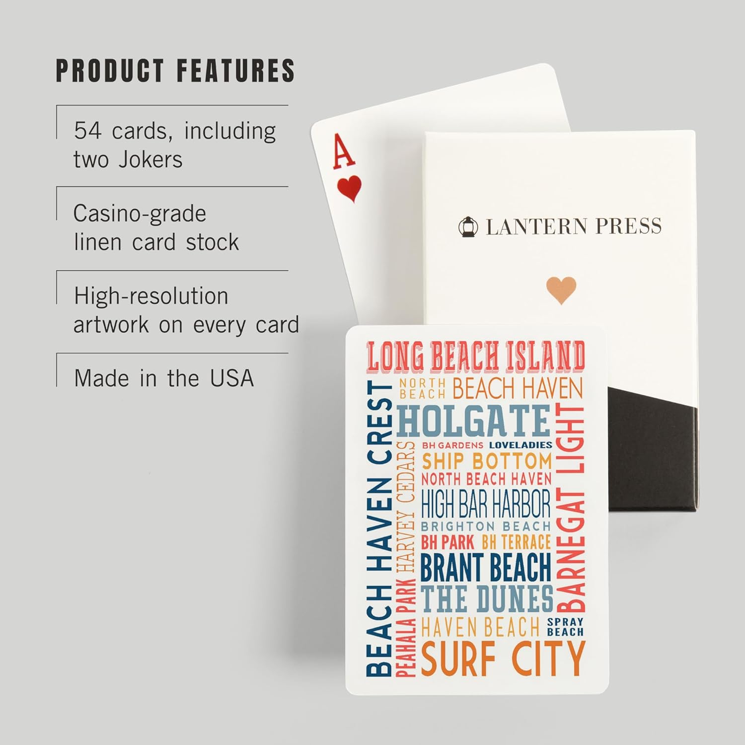 Lantern Press Long Beach Island, New Jersey, Typography (White), 52 Playing Cards for Adults, Poker Size Card Deck