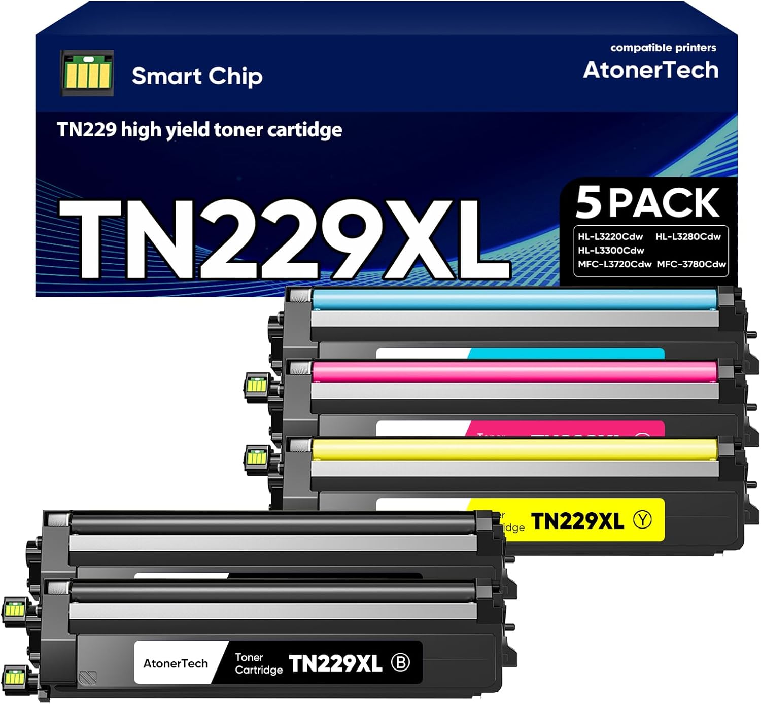 TN229XL / TN229 High Yield Toner Cartridge (with Chip) Compatible for Brother TN229XL TN229 Toner Cartridge with MFC-L3780CDW HL-L3280CDW HL-L3220CDW HL-L3300CDW HL-L3295CDW Printers -(5 Pack Ink)