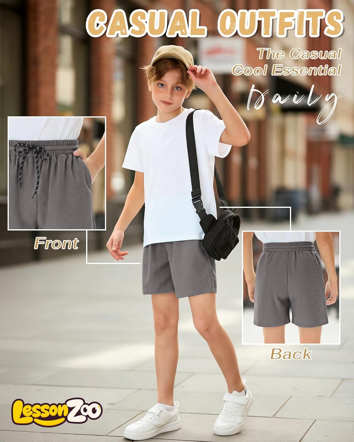 3 Pack Boys Shorts Corduroy Lightweight Athletic Shorts Elastic Waist Drawstring Summer Bottoms with Pockets