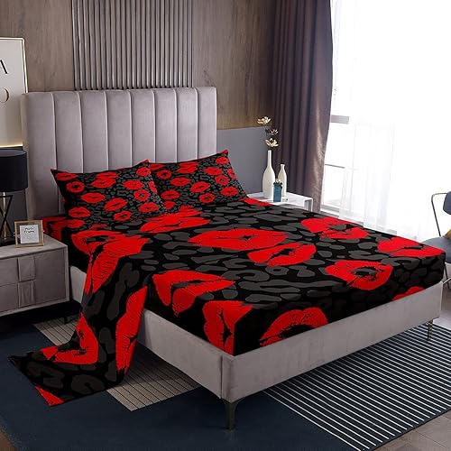 Castle Fairy Juego de sábanas de 4 piezas con estampado de leopardo, ropa de cama romántica de labios rojos, sábana bajera moderna con bolsillo