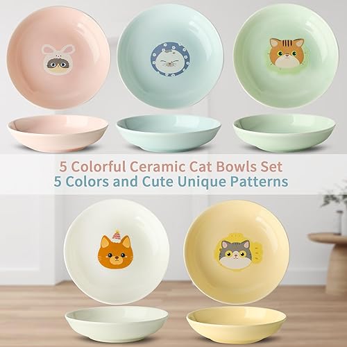 Miniatura 2 de Juego de cuencos de cerámica para gatos, cuencos de comida para gatos de 5.7 pulgadas, aptos para la fatiga, 5 platos anchos para gatos para