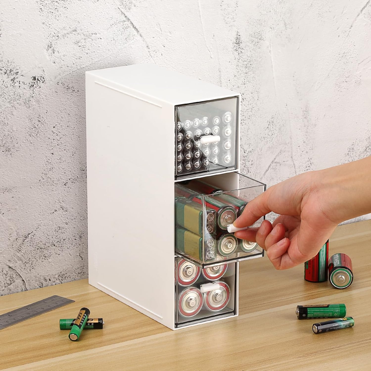 BTSKY Acrylic Battery Organizer for AA, AAA, 9V, C, D Batteries, Multipurpose Storage Box with 3 Drawers, Household Desk Holder for Common Battery Types - White, 1 Pack (Batteries Not Included)