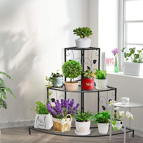 Miniatura 2 de Safstar - Soporte de esquina para plantas mentales de 3 niveles, estante de exhibición para macetas, estante de escalera a prueba de óxido, soportes