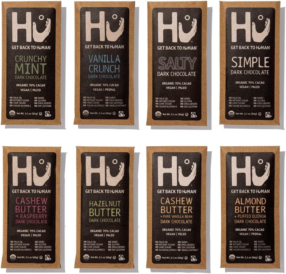 Hu Chocolate Bars | 8 Pack VARIETY SAMPLER PACK | Natural Organic Vegan, Gluten Free, Paleo, Non GMO, Fair Trade Dark Chocolate | 2.1oz Each