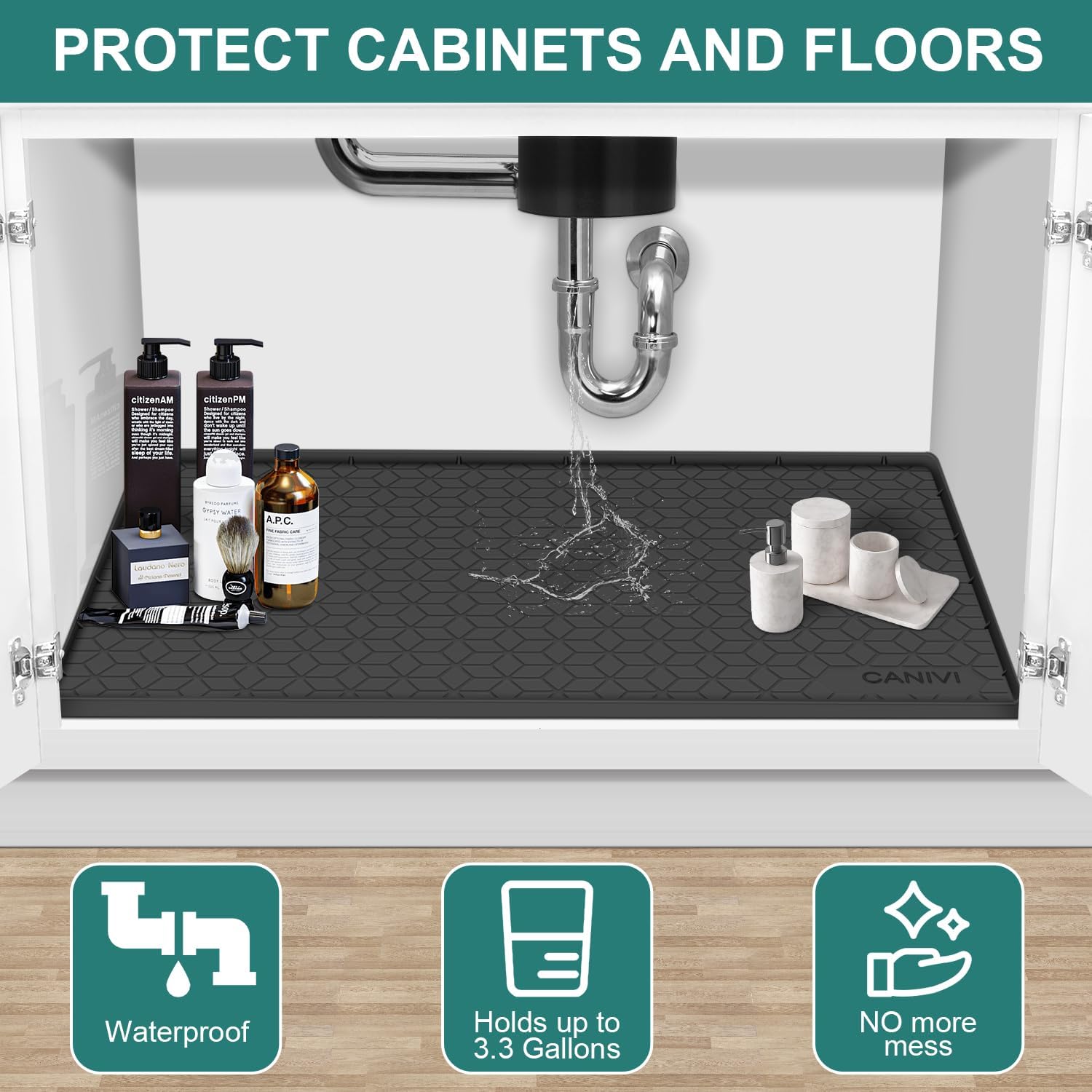 Under Sink Mat, 34" x 22" Waterproof Silicone Under Sink Tray for Kitchen & Laundry Cabinets, Kitchen Cabinet Shelf Protector, Up to 3.3 Gallons Liquid, Fits 36 inch Standard Cabinet(Grey)