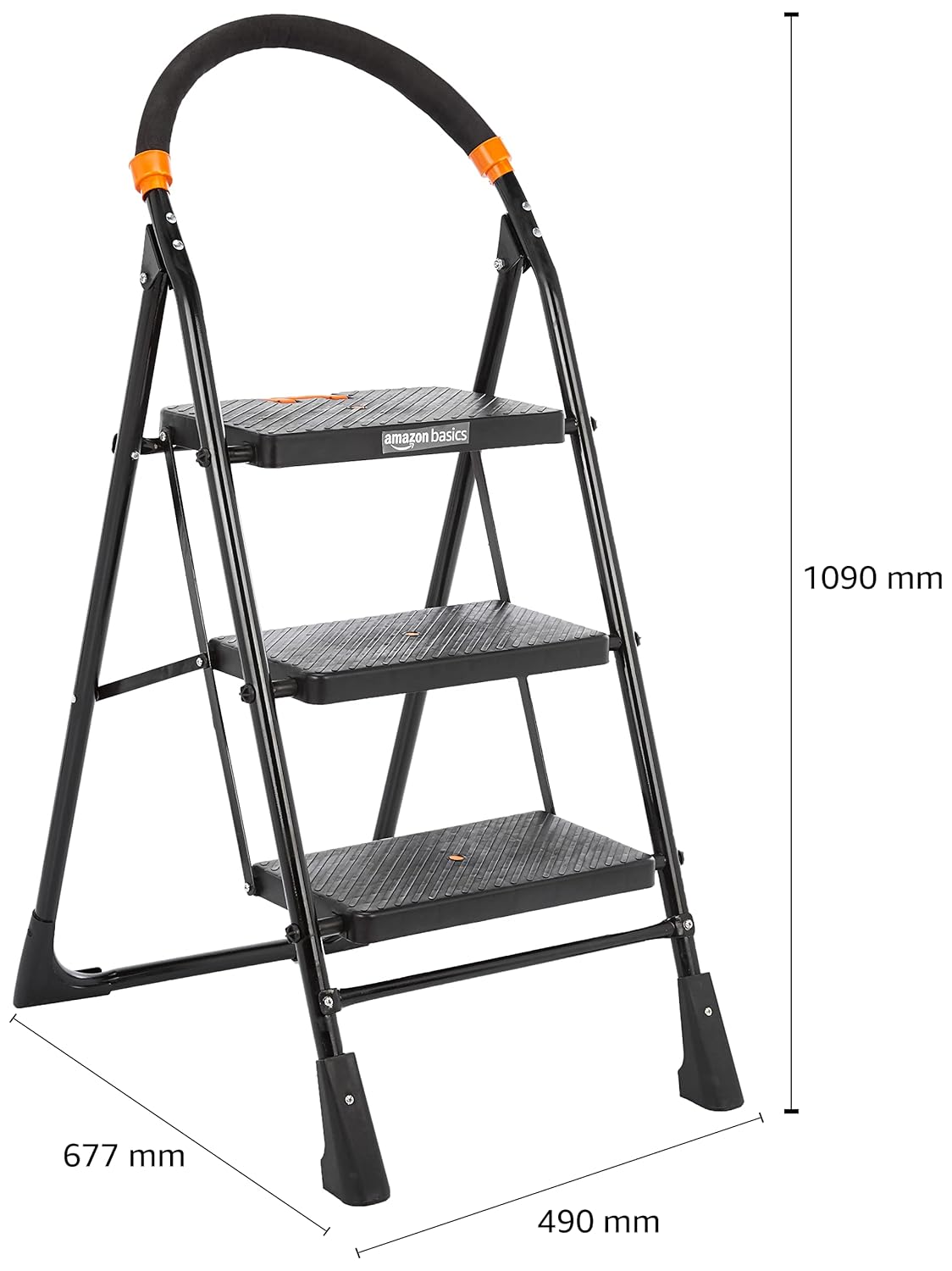 Diagram showing the dimensions of the Amazon Basics Clamber 3-Step Ladder: 677mm width, 490mm depth, and 1090mm height.