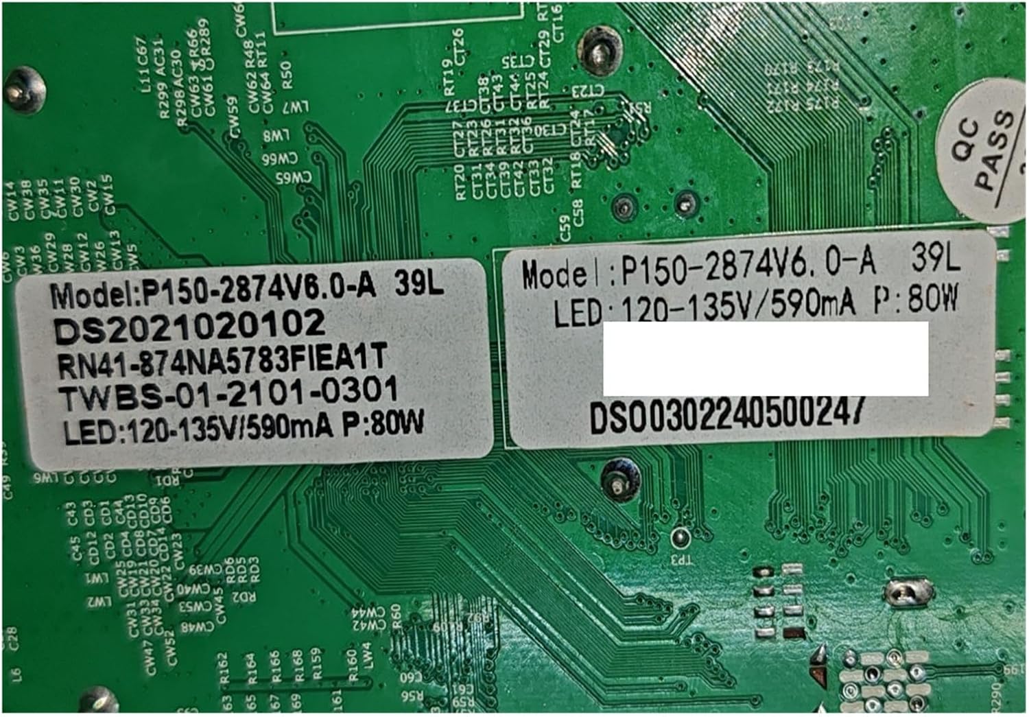 Motherboard label showing P150-2874V6.0-A 39L and LED specifications