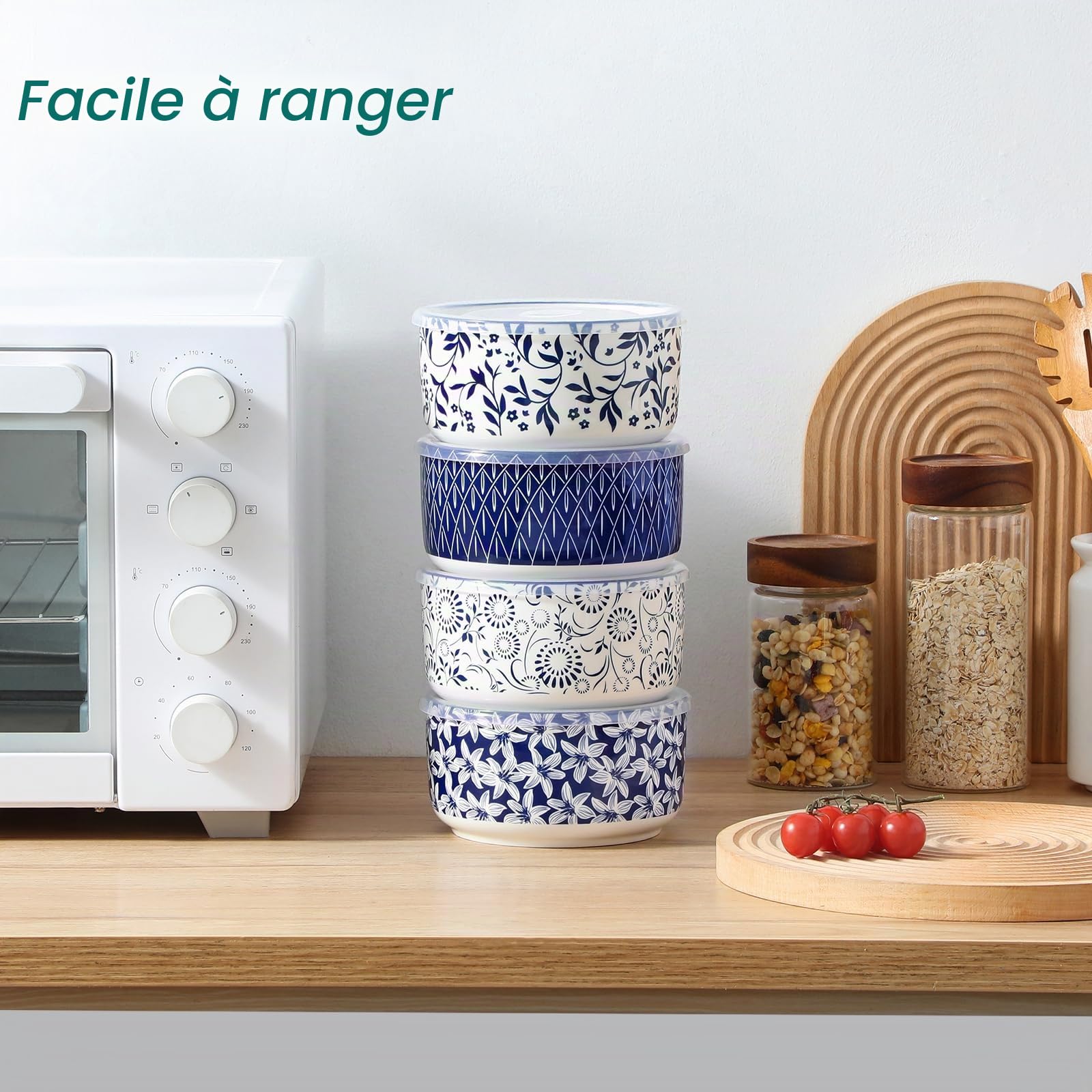 vancasso SELENE - Lot de 4 Boite Repas en Céramique 1080ml, Boîtes de Conservation Alimentaire, Boite Hermétiques pour Céréales, Salade, Soupe, Ramen, Micro-ondes et Congélation - Bleu et Blanc