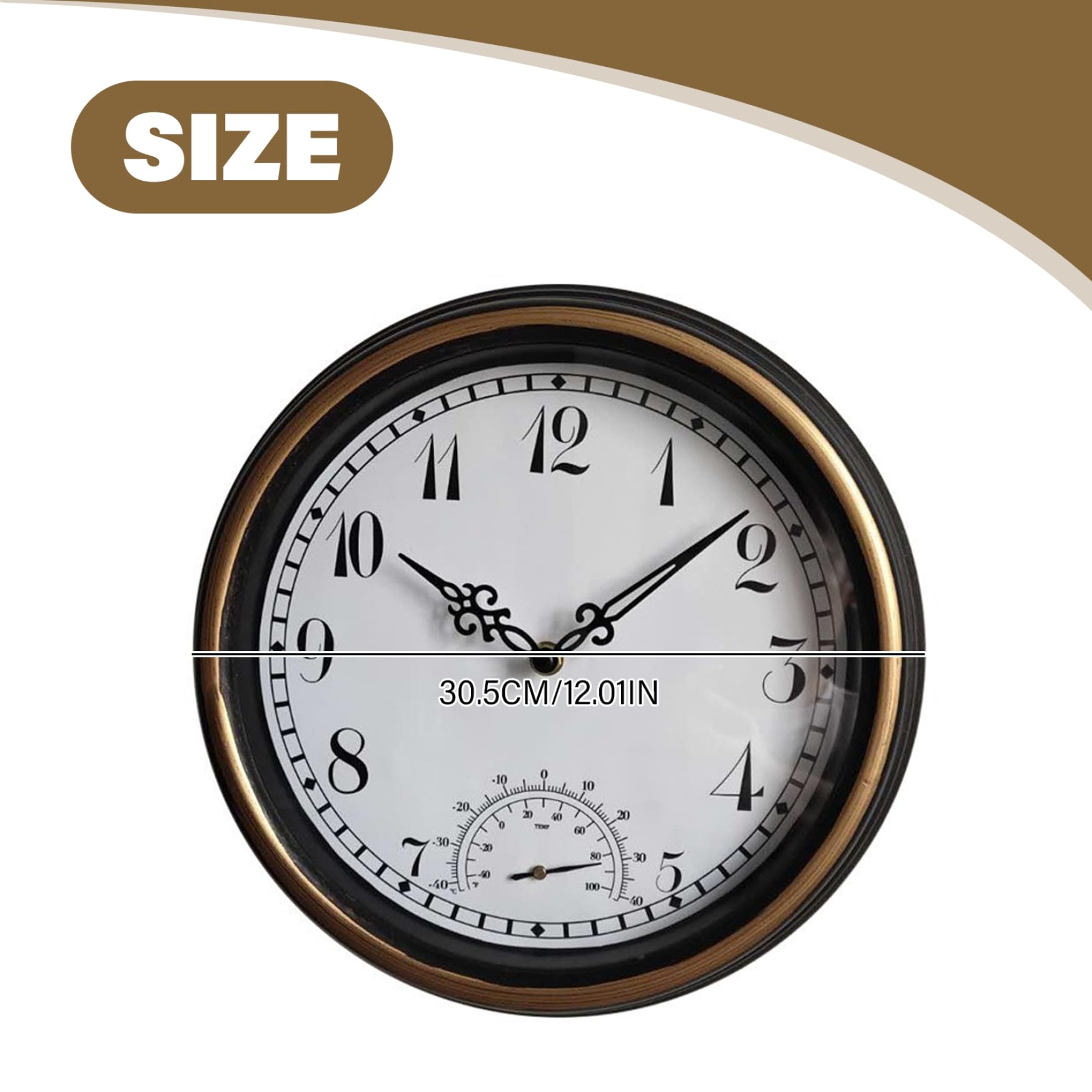 Orologio da parete per esterni resistente alle intemperie da 12 pollici con termometro, orologio silenzioso senza ticchettio per patio, piscina, giardino, portico e bagno
