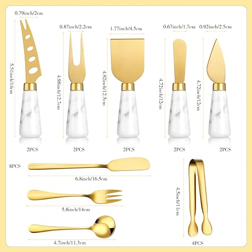 Miniatura 2 de Juego de 38 cuchillos de queso dorado con mango de mármol, espátula de mantequilla, cuchillos esparcidores de queso, cortador de queso y tenedor con