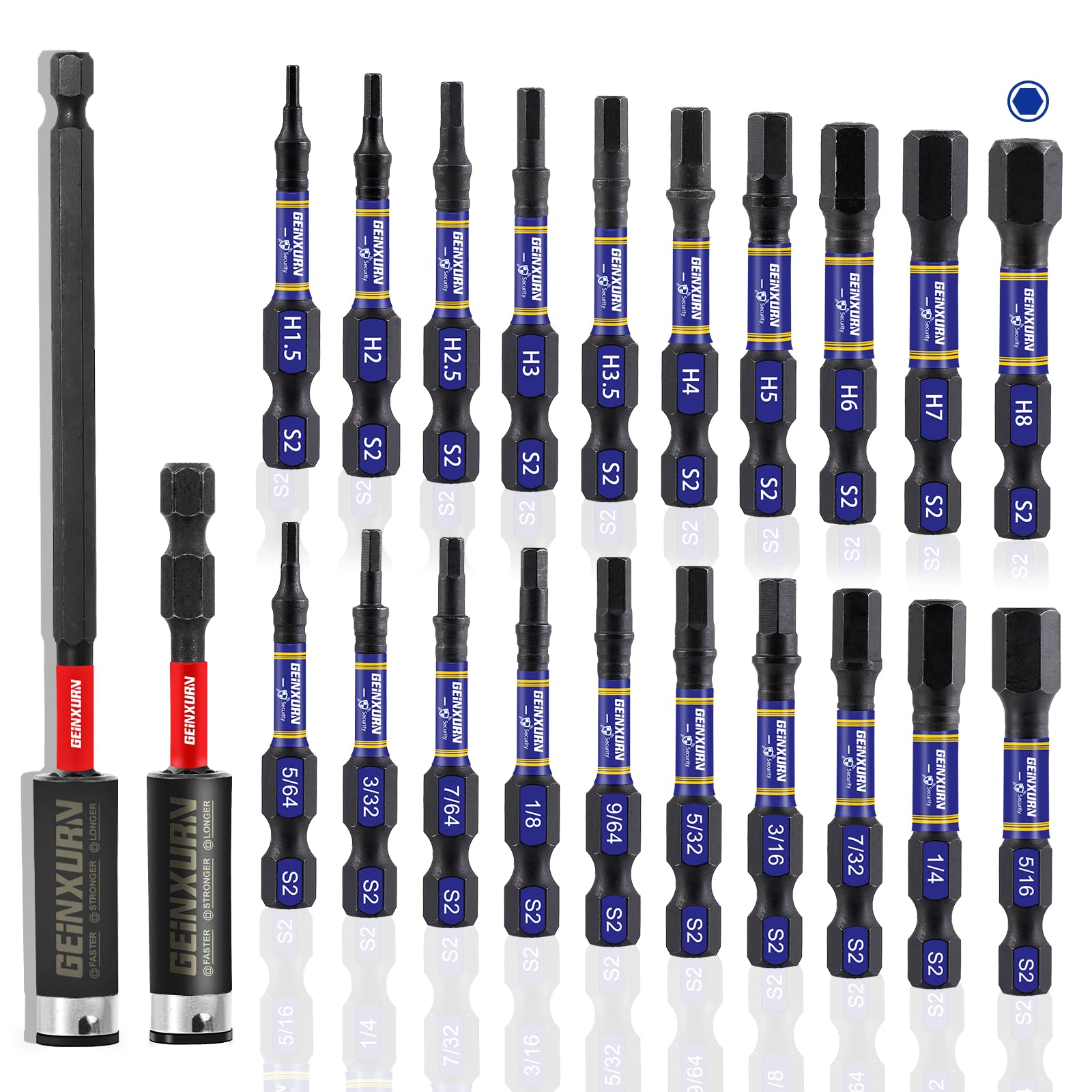 GEINXURN 22Pieces 2 In. Multi Hex Head Impact Tough Magnetic Allen Wrench Drill Bits Set, Metric&SAE Power Bits Set, S2 Steel Hex Screwdriver Bit set