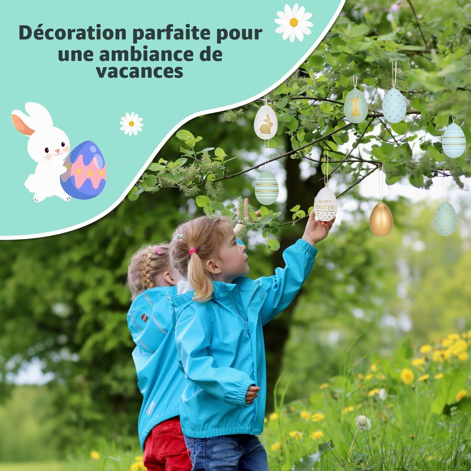 Œufs de Pâques en plastique 6 cm x 4 cm Lot de 24, or bleu clair vert clair blanc 7 designs