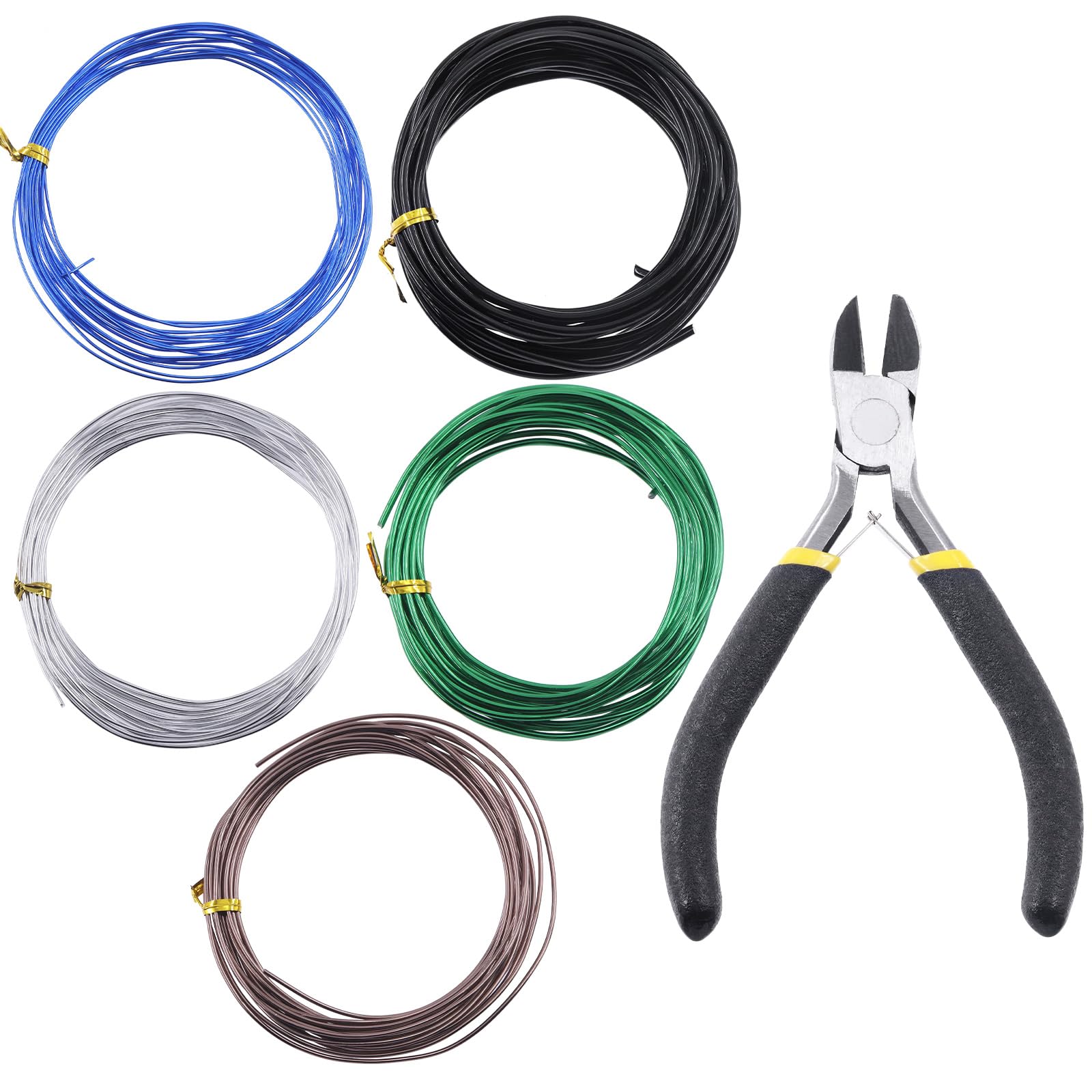 Glarks Kit de 5 rollos de alambre para bonsái, 2 mm, 3 mm, 0,8 mm, 1 mm, 1,5 mm, aluminio, bonsái, ramas de árbol con cortador de alambre, juego de aluminio anodizado de 82 pies para sostener ramas de