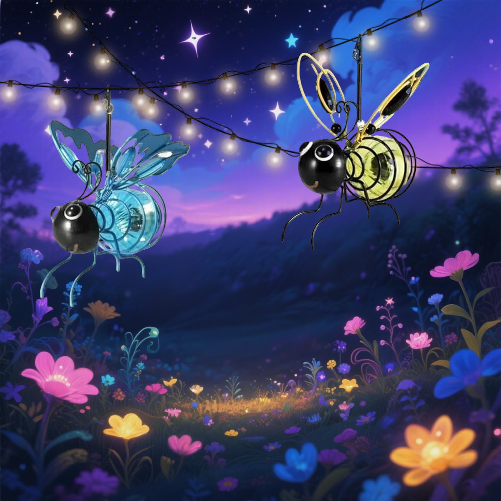 EMINGSKY Solar-Powered Hanging Bee Light, Metal LED Outside Bugs with Bouncy Springs Hanging Decor for Outside Garden Decor Backyard Balcony Porch Spring Decoration (2Pcs)